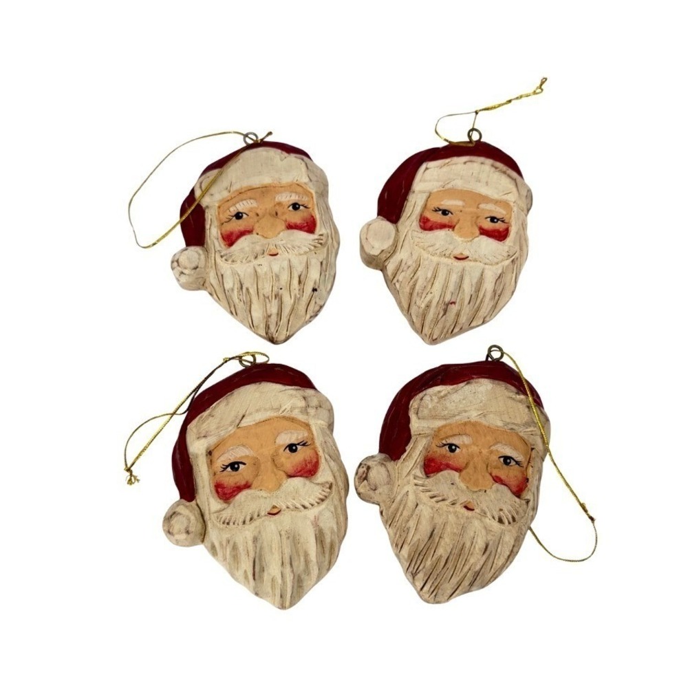 Santa Claus Christmas Ornaments Hand Painted Wood Look Folk Art Set of 4